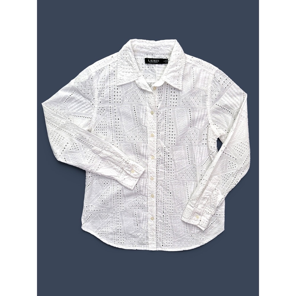 Lauren Ralph Lauren Eyelet Shirt Women Medium White Cotton Geometric Button Down